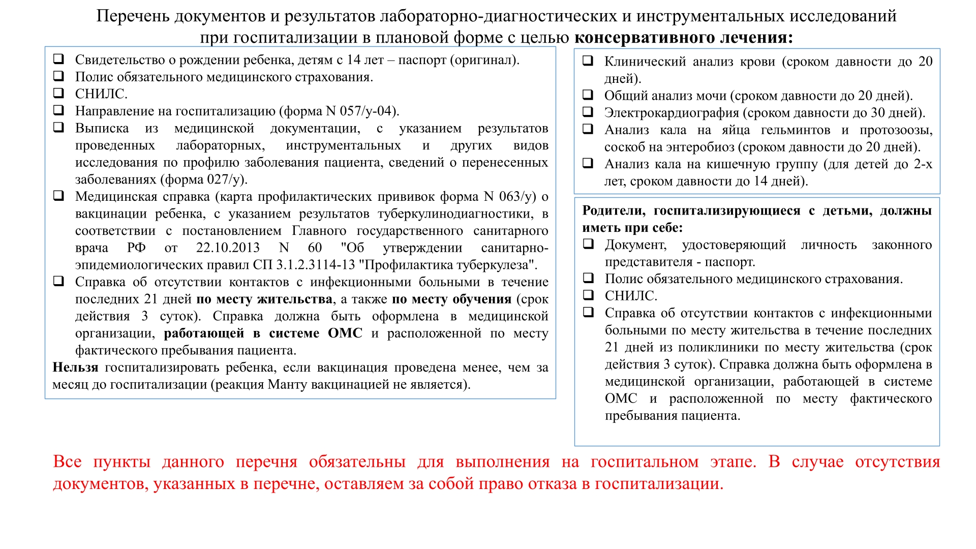 Необходимые документы и анализы для госпитализации