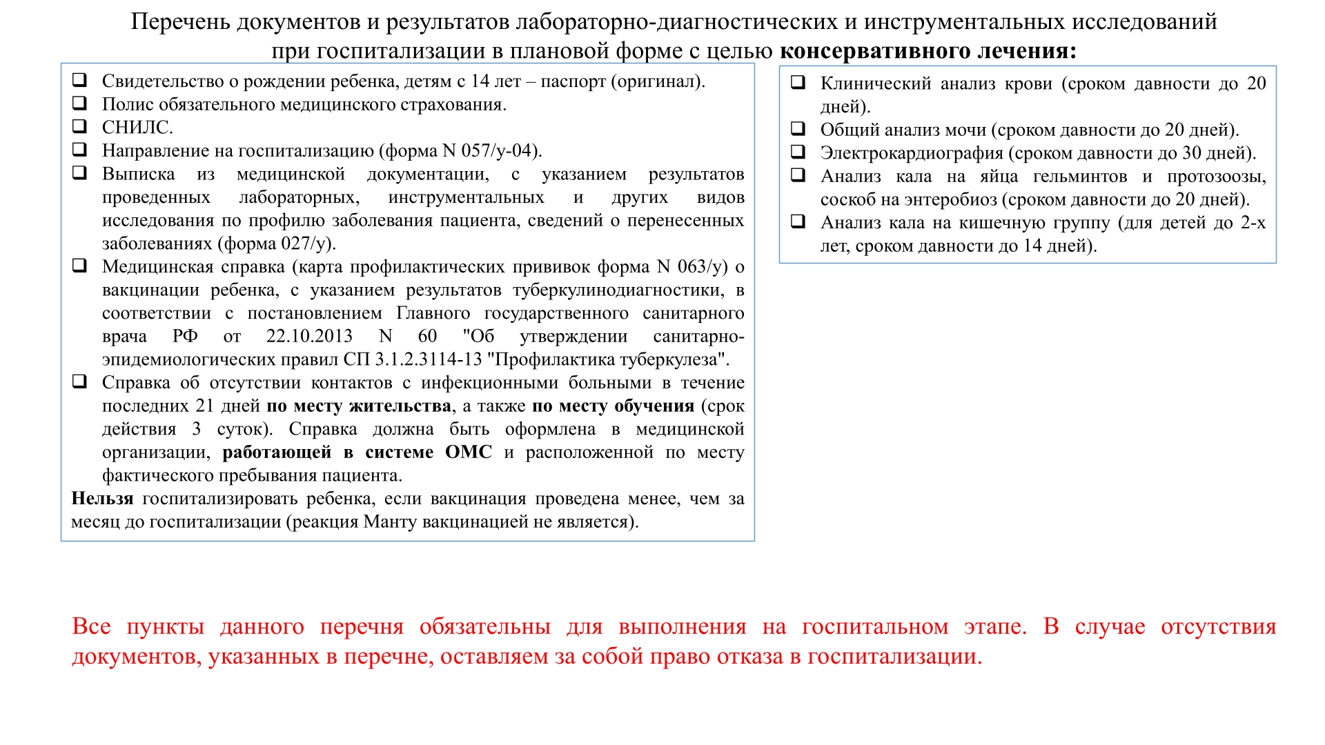 Необходимые документы и анализы для госпитализации