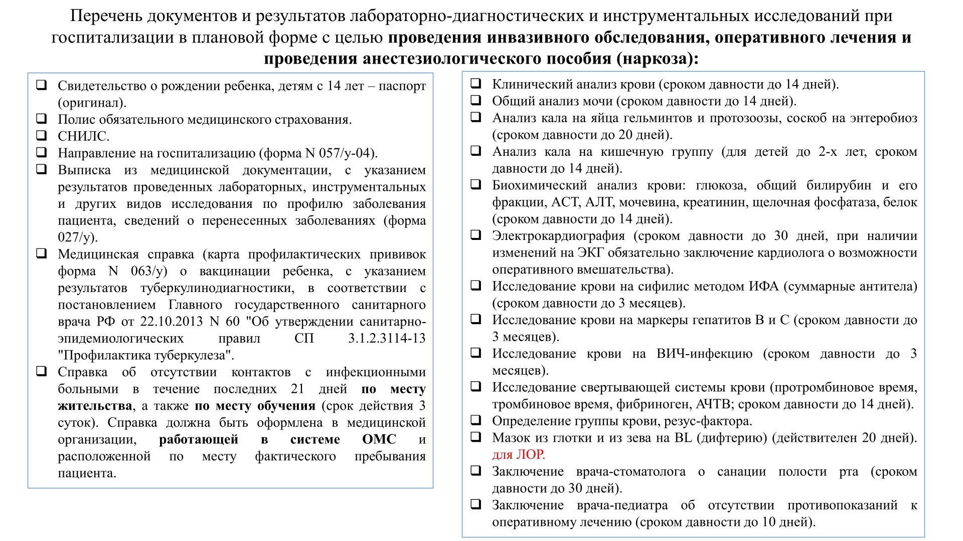 Необходимые документы и анализы для госпитализации